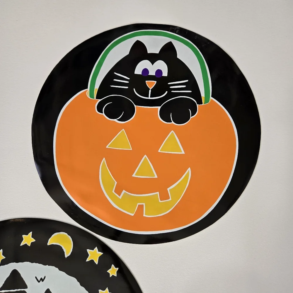 Vtg 80s Vinyl Halloween Placemats Black Cat Spooky Ghost Vinyl Nostalgia Round‎